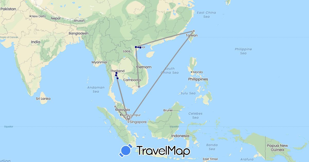 TravelMap itinerary: driving, plane in Malaysia, Singapore, Thailand, Taiwan, Vietnam (Asia)